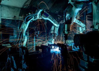 Welding robots movement in a car factory.