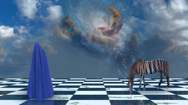 Deep Imaginative scene. Sailboat in the clouds. Striped horse and human figure covered by blue cloth