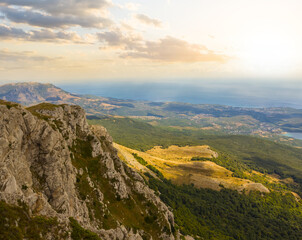 green mountain valley at the sunset