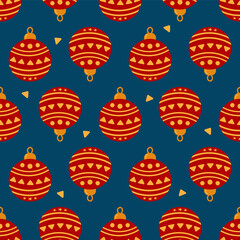 Hand-drawn illustration. Red Christmas balls on a blue background. Vector seamless background for gift wrapping, postcards, web, design, textiles.