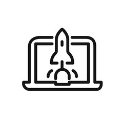 Rocket icon taking off from laptop. Vector. Metaphor and allegory of new projects in business. Outline style. Illustration for website or print.