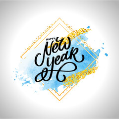 Happy New Year 2021 Beautiful greeting card poster with calligraphy black text word gold fireworks. Hand drawn design elements. Handwritten modern brush lettering watercolor golden frame