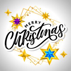 Merry Christmas card with hand drawn lettering and stars on dark background. Cute Holiday golden frame background