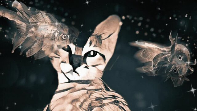 Cat Dreams. Floating fish and lens flare animation. High quality FullHD footage