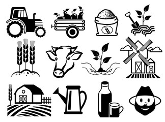 Agricultural and farming icon set isolated on white background.Tractor, cow,windmill,weat,and vintage farm buildind on the field silhouette vector illustration for web and app design.