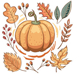 Thanksgiving celebration set with pumpkin and leaves. Season of thanks freehand lettering and autumn wreath. Thanksgiving season holiday background with leaves.
