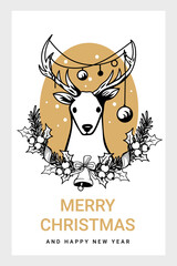 Vector line art illustration of Christmas Deer with decoration spruce twigs wreath with bell and holly leaves in frame