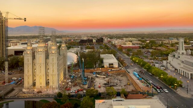 Salt Lake City downtown area a view of renovation work at Temple Square at sunrise - time lapse