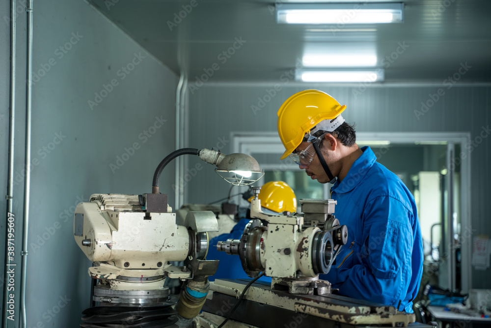 Poster the industrial worker team working in factory with the machine.