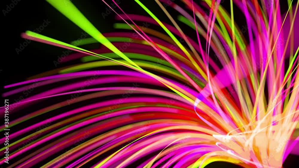 Poster Light flow bg in 4k. Abstract looped background with light trails, stream of green red yellow neon lines in space move to form spiral shapes. Modern trendy motion design background light effect