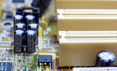 Computer Chips On The Circuit Board. Close-Up. Technological Progress Concept
