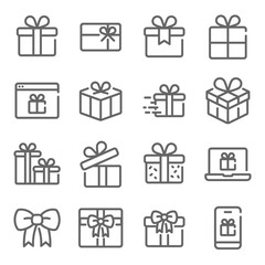 Gift box icon illustration vector set. Contains such icon as Christmas gift, Present, package, online, separate, Bow, and more. Expanded Stroke