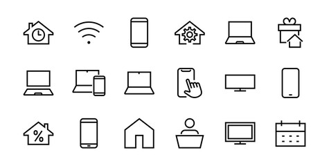 SMART devices and gadgets linear icons set, vector, contains icons computer, camera, laptop, phone, web devices, electronic appliances, and much more. Editable stroke