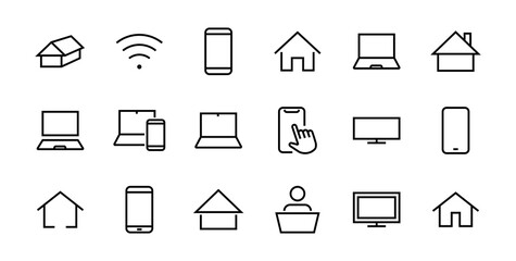 SMART devices and gadgets linear icons set, vector, contains icons computer, camera, laptop, phone, web devices, electronic appliances, and much more. Editable stroke