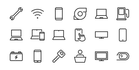 SMART devices and gadgets linear icons set, vector, contains icons computer, camera, laptop, phone, web devices, electronic appliances, and much more. Editable stroke