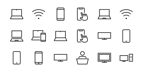 SMART devices and gadgets linear icons set, vector, contains icons computer, camera, laptop, phone, web devices, electronic appliances, and much more. Editable stroke