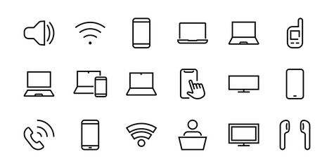 SMART devices and gadgets linear icons set, vector, contains icons computer, camera, laptop, phone, web devices, electronic appliances, and much more. Editable stroke