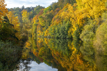 Farbenfroher Herbstwald in Wasserspiegelung am Flussufer