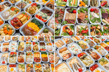 Airplane food presentation with variety of in flight meals. Flight catering. Food on airplanes. Salad bar buffet display in restaurant. Meat cuts. Hot appetizers. Close-up, a lot of food.