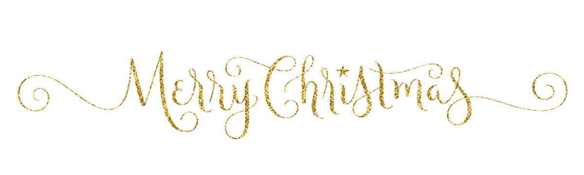 MERRY CHRISTMAS gold glitter vector brush calligraphy banner with spiral flourishes