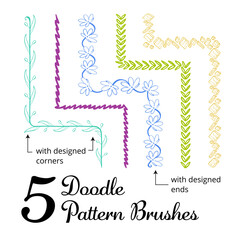Vector set of five hand drawn brushes with corner tiles. Seamless pattern of different colors for frames, borders and design elements. Vector isolated illustration. Brushes are included in eps.