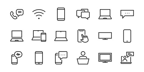 SMART devices and gadgets linear icons set, vector, contains icons computer, camera, laptop, phone, web devices, electronic appliances, and much more. Editable stroke