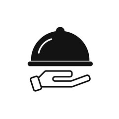 Serving food icon. Sign hand of waiter with serving black tray. Waiter serving. Isolated symbol on white background.
