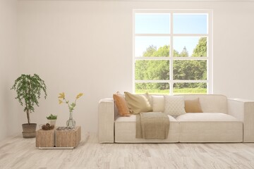 White living room with sofa and summer landscape in window. Scandinavian interior design. 3D illustration