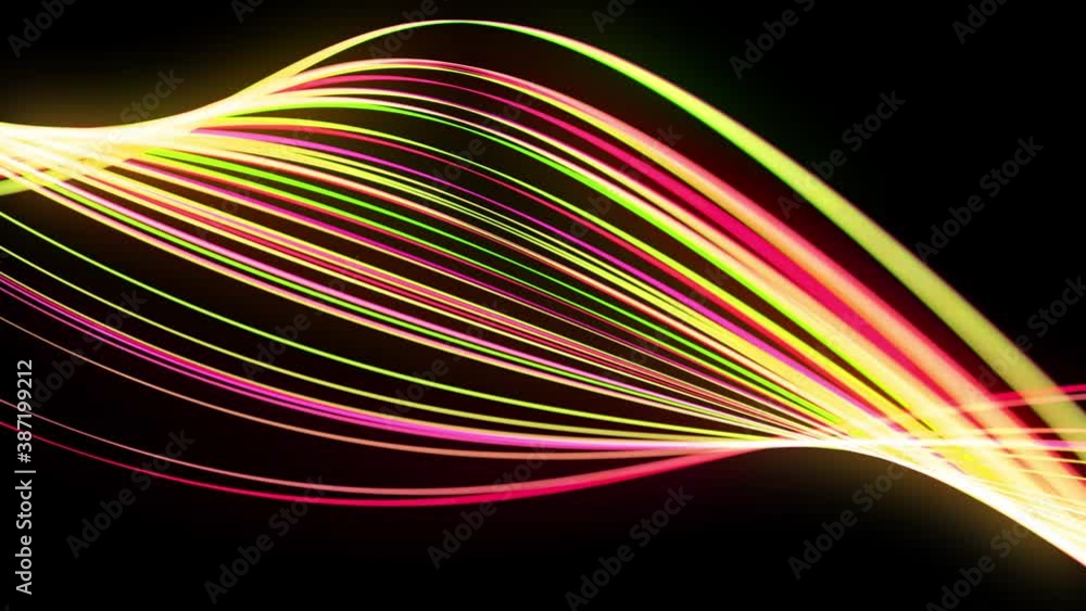 Poster light flow bg in 4k. abstract looped background with light trails, stream of green red yellow neon l