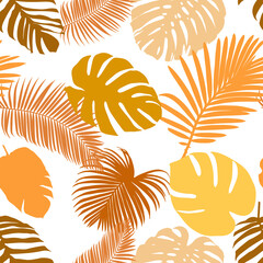 Seamless tropical pattern with palm and monstera leaves