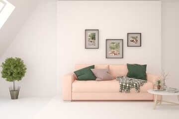 White living room with sofa. Scandinavian interior design. 3D illustration