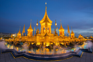 Fototapeta premium Light up of The royal funeral pyre for HM King Bhumibol Adulyadej at Sanam Luang prepared to be used as The royal funeral, Bangkok, Thailand.