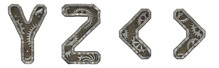 Mechanical alphabet made from rivet metal with gears on white background. Set of letters Y, Z and symbol left, right angle bracket. 3D