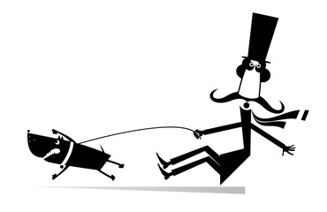 Funny long mustache and disobedient dog illustration. Cartoon long mustache man in the top tries to stop an angry dog black on white
