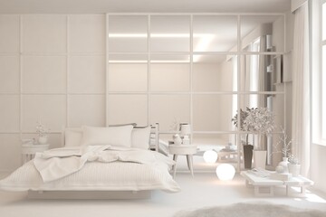 Obraz na płótnie Canvas Modern bedroom in white color. Scandinavian interior design. 3D illustration