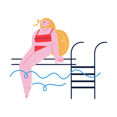 Smiling woman in red swimsuit sitting and sunbathing on swimming pools side