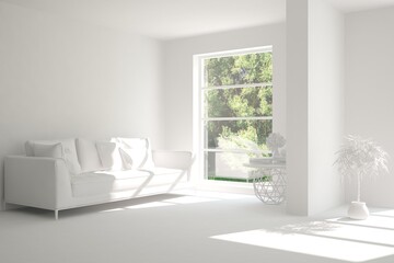 Fototapeta premium White living room with sofa and summer landscape in window. Scandinavian interior design. 3D illustration