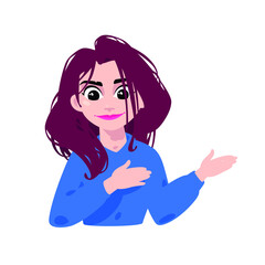 Illustration of a young brown-haired girl. Vector. Cartoon woman points to the left with her hands. Character for advertising and design. Bright image of a businesswoman. Profile avatar. Pointer for p