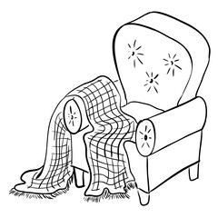 Armchair with plaid hand drawn isolated on white background. Cozy sofa vector doodle style illustration.