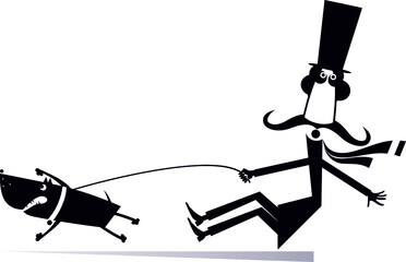 Funny long mustache and disobedient dog illustration. Cartoon long mustache man in the top tries to stop an angry dog black on white
