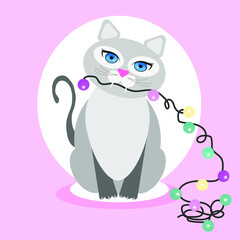 grey cat holds a garland in its teeth. Vector illustration of a cat with blue eyes. Christmas garland, happy new year and merry Christmas.