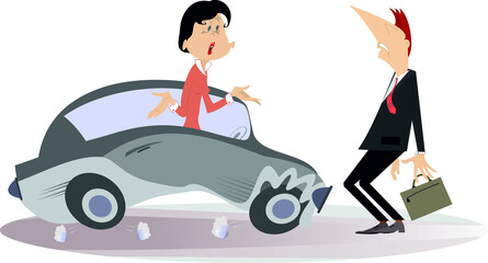 Road accident, driver woman, pedestrian illustration. Angry young woman scolds a confused pedestrian man with a bag 

