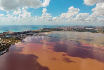 Las Salinas salt pink lake of Torrevieja, aerial landscape. Costa Blanca, Spain	
