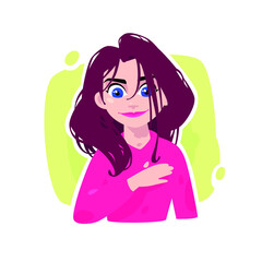 Illustration of a young girl. Vector. Cartoon beautiful girl with long hair. Character for advertising and design. A vivid image. Profile avatar. A hero for films.