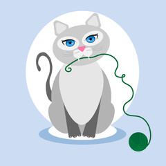 grey cat holds yarn in its teeth. Cat and ball of yarn. Cat playing with a ball. Vector illustration of a cat with blue eyes.