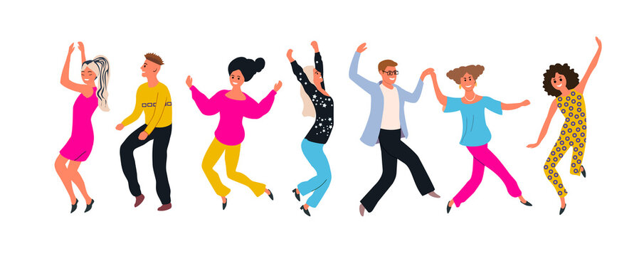 Group of  happy smiling young men and women dancing and enjoying dance party. Colorful vector illustration in flat cartoon style.