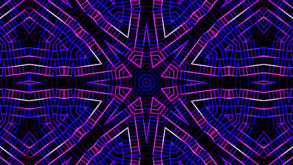 Geometric kaleidoscope background with glowing blue pink lines building a star