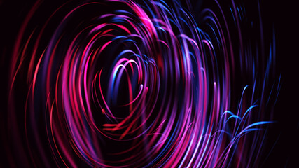 Futuristic digital artwork. Glowing motion streaks and light traces circles on dark background