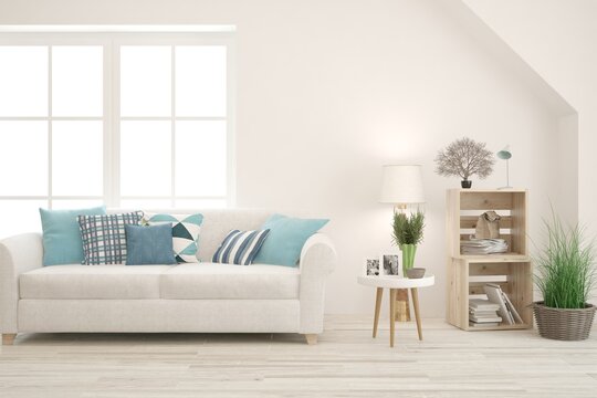 White living room with sofa. Scandinavian interior design. 3D illustration