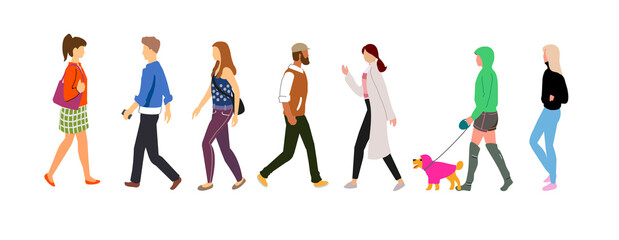 Set of various people walking down the street. Flat design style.  Vector illustration